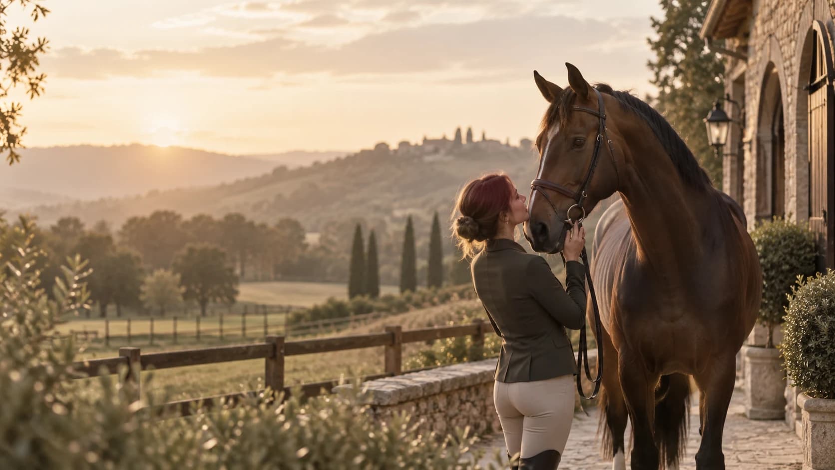 Equestrian professional with her horse overlooking the countryside