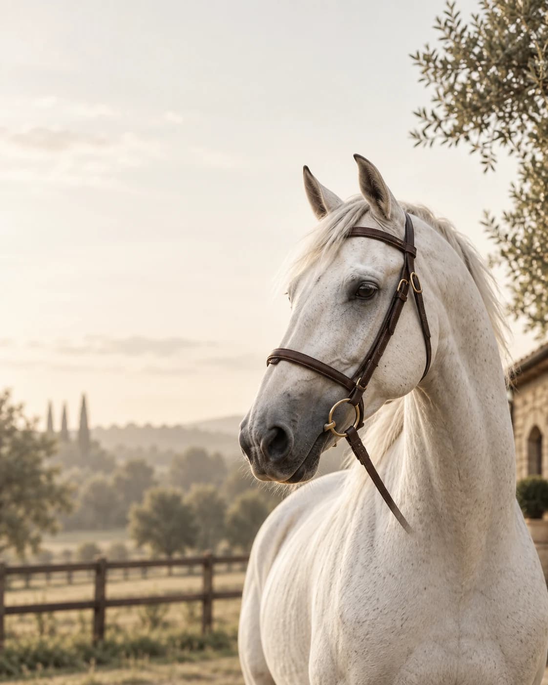White horse in a warm countryside stable setting