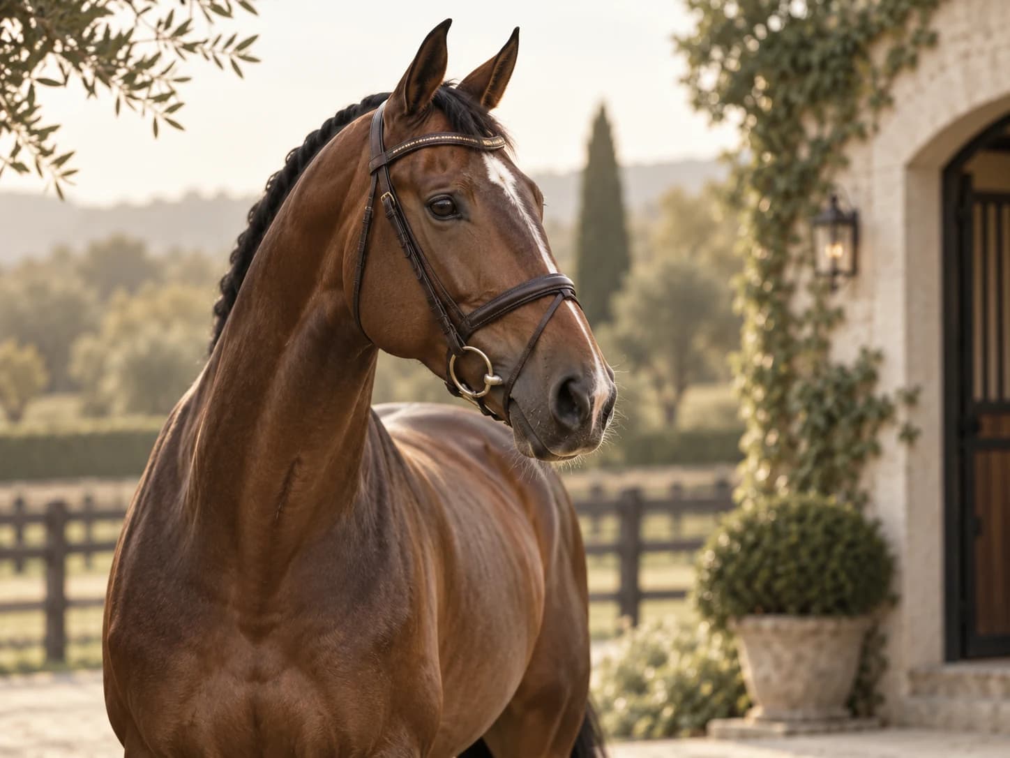 Brown sport horse at a countryside stable