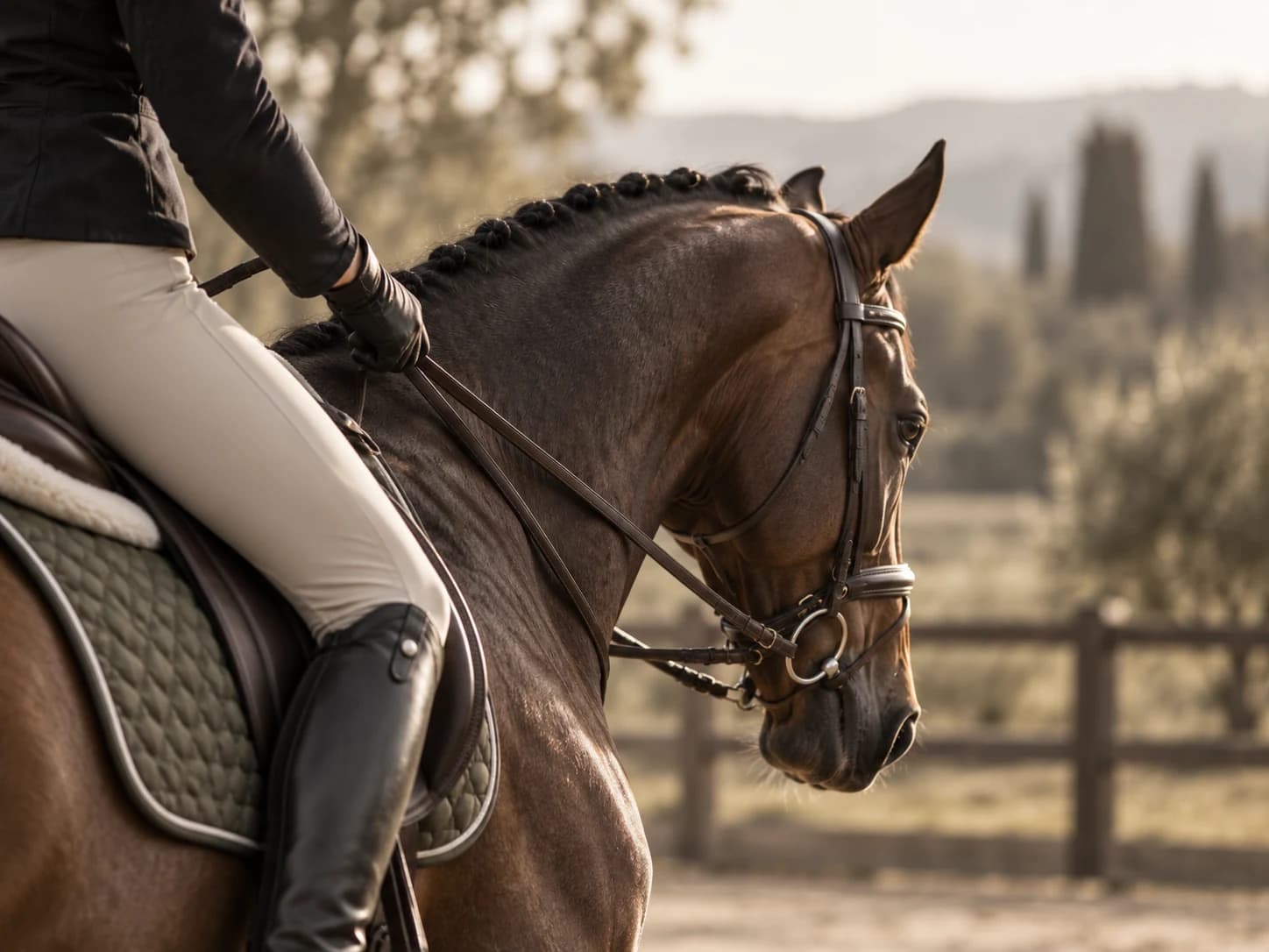 Rider training a horse in a warm outdoor arena